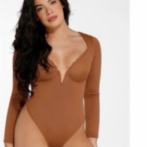 Brown Long Sleeve Bodysuit shape wear
